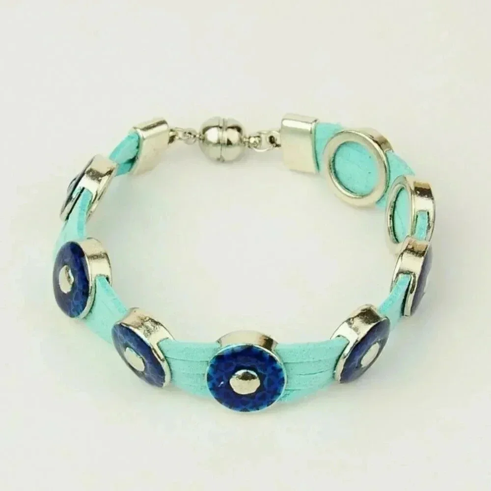 Handcrafted Blue Cyan Enamel Slide Charms Vegan Suede Magnetic Clasp Bracelet